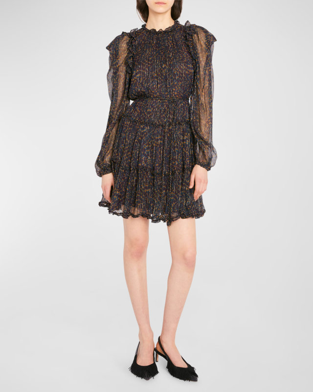 Gaelle Puff-Sleeve Printed Silk Chiffon Mini Dress